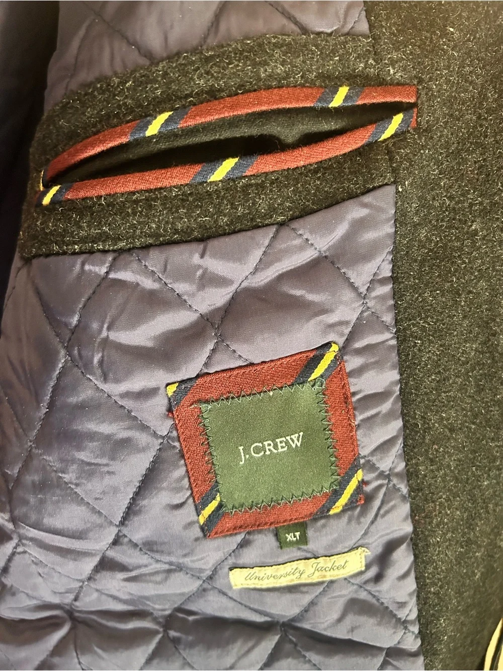J Crew University Jacket Mens XLT Charcoal 100% Wool Stadium Cloth Quilted Coat